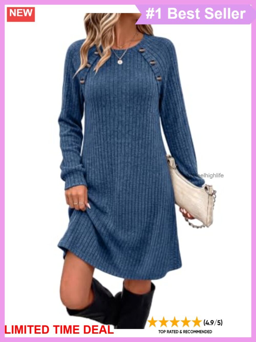 Ribbed Knit Long Sleeve Dress with Pockets Casual Fall
